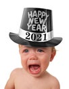 Crying Happy New Year baby wearing a top hat.