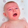 Crying Infant baby boy at the age of four months, close-up portrait