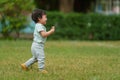 crying infant baby learning to walking first step on green grass in park Royalty Free Stock Photo