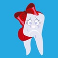 Crying kid tooth with ribbon bandage vector flat illustration