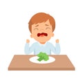 Crying Little Boy Refusing to Eat Broccoli, Kid Does Not Like Healthy Food Vector Illustration