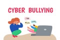 Crying little girl siitting in front of laptop cyber bullying in social media internet aggression vector