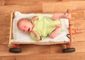 Crying newborn baby boy lying in carriage Royalty Free Stock Photo