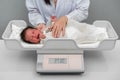 Crying newborn baby weight measurement on digital scales with doctor in hospital Royalty Free Stock Photo