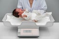 Crying newborn baby weight measurement on digital scales with doctor in hospital Royalty Free Stock Photo