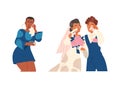 Crying Newlywed Couple and Woman Weeping and Sobbing from Sorrow and Happiness Vector Set