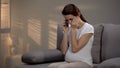 Crying pregnant lady talking on phone, receiving bad news, depression and sorrow