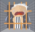 Crying prisoner stays behind the bars illustration