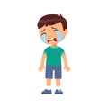 Crying sad little boy flat vector illustration. Upset child with tears on face standing alone cartoon character. Royalty Free Stock Photo