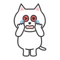 Crying white cat having bloodshot eyes, vector illustration.