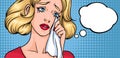 Crying woman face. Sad girl, horizontal background with place for text. Empty blank speech bubble. Colorful comics