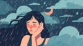 Crying woman in rain. illustration in flat cartoon style. Generative AI