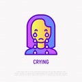 Crying woman thin line icon. Sadness, depression, negative emotion. Modern vector illustration
