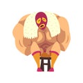 Crying wrestler sitting on small chair. Strong muscular man in red-orange mask, shorts and socks. Cartoon fighter. Mixed