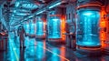 Cryogenic Chambers for freezing bodies. Scientists in protective suits walking through a cryo chamber facility