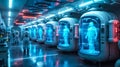 Cryogenic Chambers for freezing bodies. Scientists in protective suits walking through a cryo chamber facility