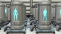 Life support chambers, cryonic tanks containing people. View 3 . 3d rendering Royalty Free Stock Photo