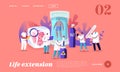 Cryonics Technology Landing Page Template. Tiny Scientists Characters Use Futuristic Equipment for Cryogenic Hibernation