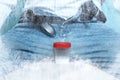 Cryopreservation. Donor with unzipped pants and container of sperm sitting on stool, closeup. Frost effect Royalty Free Stock Photo