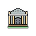 Crypt, tomb house, cemetery, church flat color line icon.