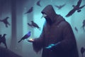 A cryptic man holds birds that emanate a luminous glow in his grasp. Fantasy concept , Illustration painting. Generative AI Royalty Free Stock Photo