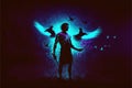 A cryptic man holds birds that emanate a luminous glow in his grasp. Fantasy concept , Illustration painting. Generative AI Royalty Free Stock Photo