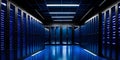 Cryptic Network Hub: Dark-Styled Data-center Server Rooms with Deep Blue Accents for Wallpaper or Background