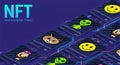 Crypto art NFT, card tokens in isometric. 3D Non-fungible token collection