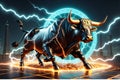 Crypto bull surrounded by the lightning of thunder running in the market, crypto trading concept, bitcoin Royalty Free Stock Photo