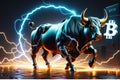 Crypto bull surrounded by the lightning of thunder running in the market, crypto trading concept, bitcoin Royalty Free Stock Photo