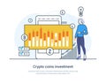 Crypto coins investment web banner, online trading, blockchain technology. Growing financial index, finance exchange. Digital