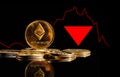 Crypto collapse. Golden coins with Ether logo drop at bear market. Pullback of cryptocurrency Ethereum ETH in trading