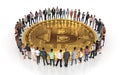 Crypto community. A huge Bitcoin coin surrounded by a group of people on a white background. Creative conceptual illustration. 3D