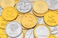 Crypto currencies: 3D Render of a heap of Bitcoin, Iota, Ethereum, Litecoin, Ripple and Monero coins