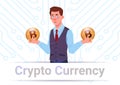 Crypto Currency Banner Man Holding Golden Bitcoins Over Motherboard Circuit Background Digital Web Money Concept Royalty Free Stock Photo