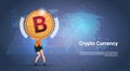 Crypto Currency Banner Woman Holding Golden Bitcoin Over World Map Background Digital Web Money Concept Royalty Free Stock Photo