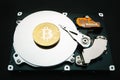 Crypto currency bitcoin against the hard disk drive Royalty Free Stock Photo
