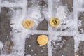 Crypto currency is bitcoin, gold coins lie on the asphalt. The money thrown out, the dummy currency that nobody wants.