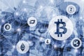 Crypto currency bitcoin, litecoin and ethereum on virtual diagram interface, digital money