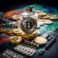 Crypto currency Bitcoin stands on golden bitcoins generative AI