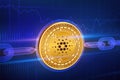 Crypto currency. Block chain. Cardano. 3D isometric Physical golden Cardano coin with wireframe chain. Blockchain concept. Editabl