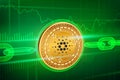 Crypto currency. Block chain. Cardano. 3D isometric Physical golden Cardano coin with wireframe chain. Blockchain concept. Editabl