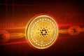 Crypto currency. Block chain. Cardano. 3D isometric Physical golden Cardano coin with wireframe chain. Blockchain