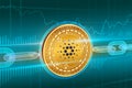Crypto currency. Block chain. Cardano. 3D isometric Physical golden Cardano coin with wireframe chain. Blockchain concept.