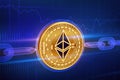 Crypto currency. Block chain. Ethereum. 3D isometric Physical golden Ethereum coin with wireframe chain. Blockchain concept. Edita