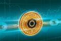 Crypto currency. Block chain. Komodo. 3D isometric Physical golden Komodo coin with wireframe chain. Blockchain concept. Editable