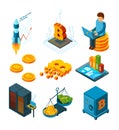 Crypto currency business. Digital ico startup at blockchain finance company globe crypto coins mining vector isometric