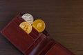 Crypto currency coin in leather wallet on wide wood wooden background bitcoin ethereum litecoin. Royalty Free Stock Photo