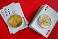 Bitcoin and Ripple XRP with playing cards