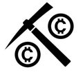 Crypto currency coins and mining pickaxe icon